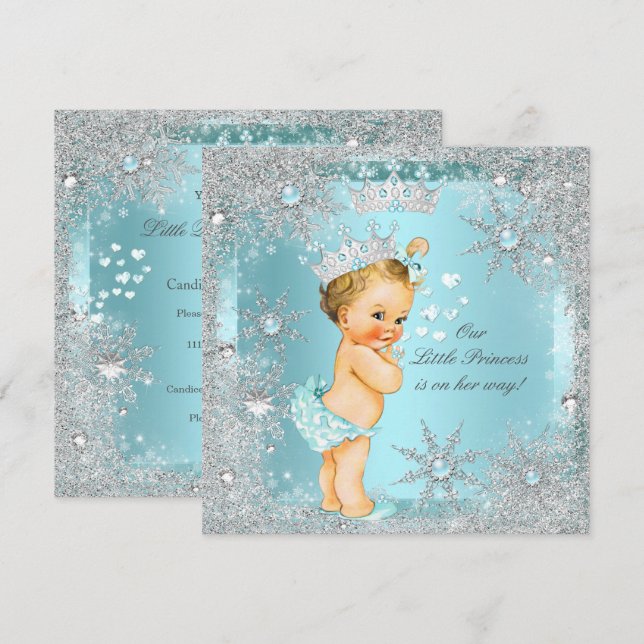 Princess Girl Shower Teal Blue Hearts Blonde Inbjudningar (Fram/baksida)