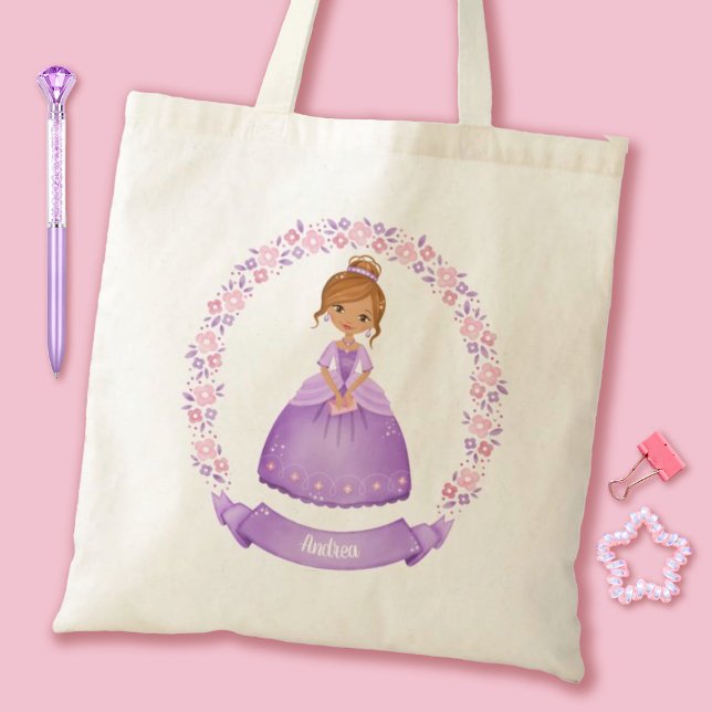 Princess Girl Tygkasse (A cute purple princess girls tote bag. Personalize it with your girls name.)