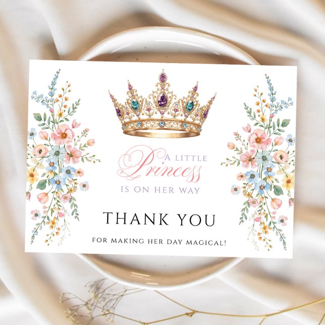 Princess Gold Crown Floral Baby Shower Thank  you Tack Kort (Skapare uppladdad)