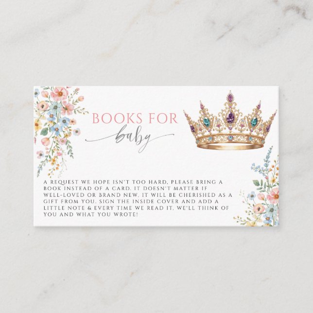 Princess Gold Crown Floral Books for Baby Shower   Tilläggskort (Framsida)