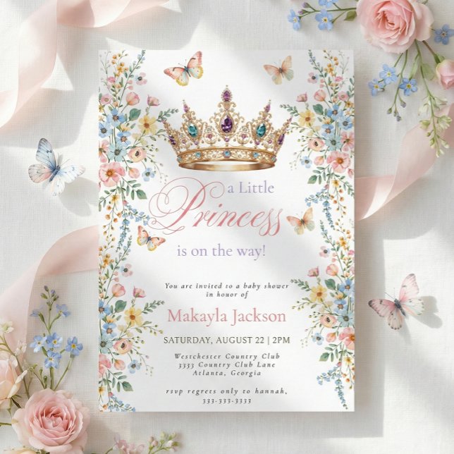 Princess Gold Crown Floral Butterfly Baby Shower Inbjudningar (Skapare uppladdad)