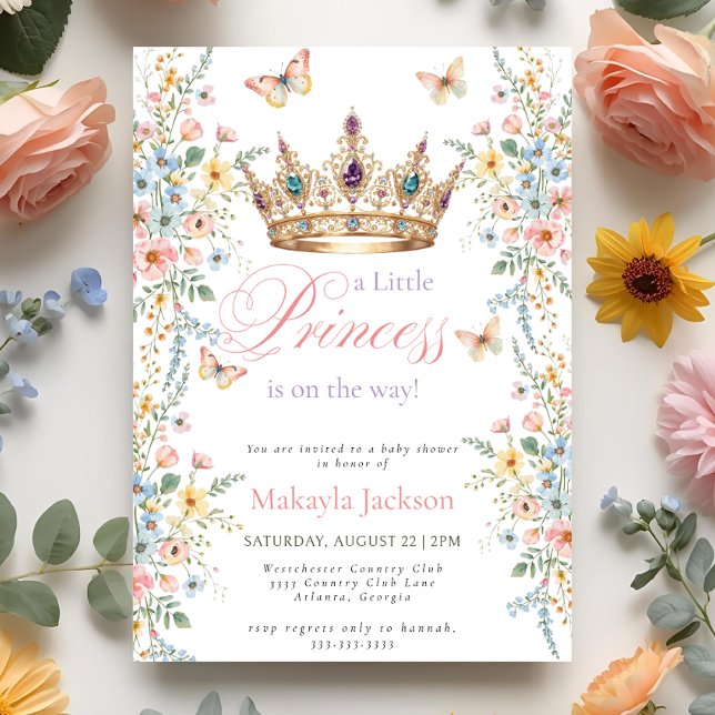 Princess Gold Crown Floral Butterfly Baby Shower Inbjudningar (Skapare uppladdad)