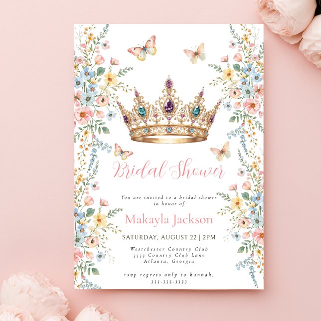 Princess Gold Crown Floral Butterfly bridal shower Inbjudningar (Skapare uppladdad)