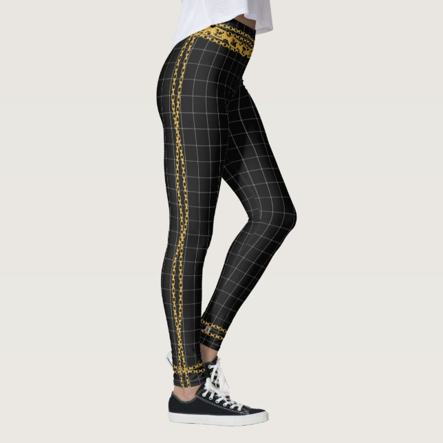 Princess Guld chain Black White Grid Play Tartan Leggings (Höger)