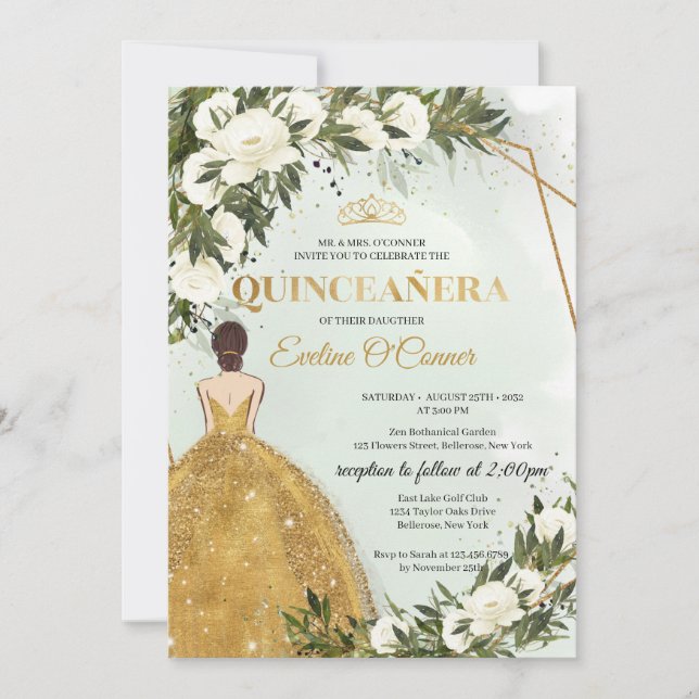 Princess guld dress greenery blommigt Quinceañera Inbjudningar (Framsida)