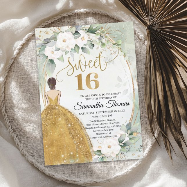 Princess guld dress vit ros greenery foliage inbjudningar (Princess gold dress white roses greenery foliage invitation)