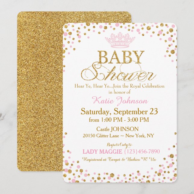 Princess Guld Glitter Sprinkle Baby Shower Inbjudningar (Fram/baksida)