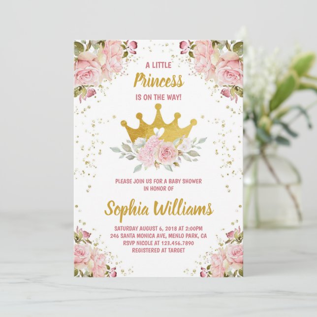 Princess Guld Krona Rosa Blommigt Baby Shower Inbjudningar (Stående Fram)
