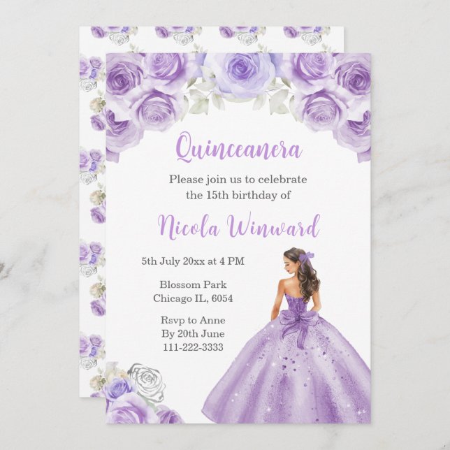 Princess i Dusty Lila Dress Quinceanera Inbjudningar (Fram/baksida)