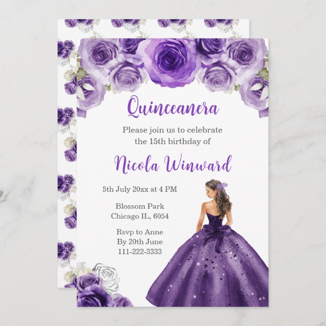 Princess i Mörk Lila Dress Quinceanera Inbjudningar (Fram/baksida)