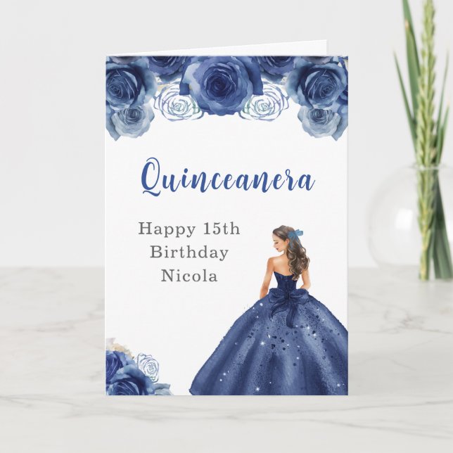Princess in Navy Blue Dress Birthday Quinceanera Kort (Framsida)