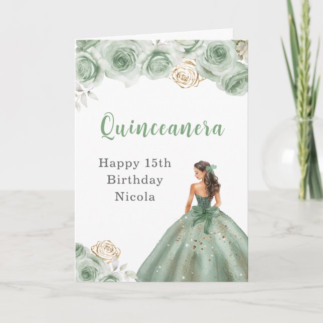 Princess in Sage Grönt Dress Birthday Quinceanera Kort (Framsida)