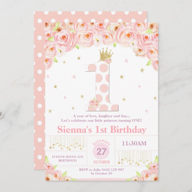 Princess Inbjudan Flicka för födelsedag för (Fram/baksida)