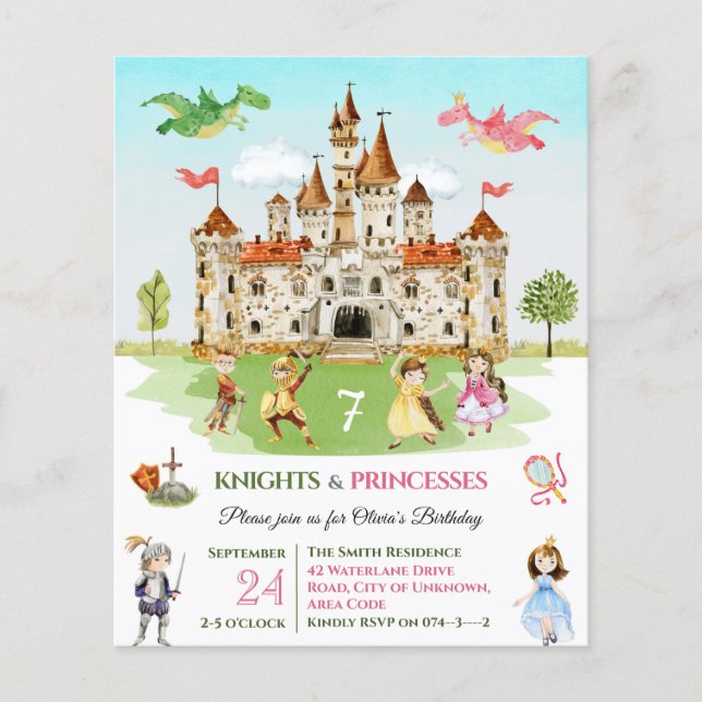 Princess Knight Baby child Birthday Bjud (Framsida)