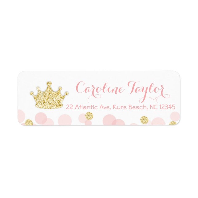 Princess Krona Baby Shower Address Label rosa guld Returadress Etikett (Framsidan)