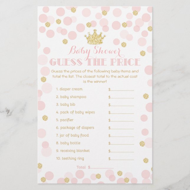 Princess Krona Baby Shower pris Game rosa & guld Flygblad (Framsidan)