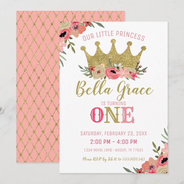 Princess Krona Birthday bjudande Rosa Guld Inbjudningar (Fram/baksida)