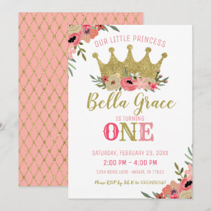 Princess Krona Birthday bjudande Rosa Guld Inbjudningar