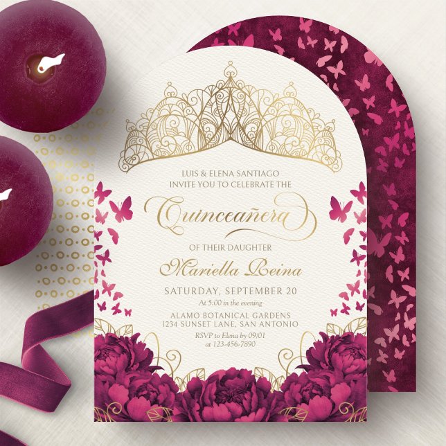 Princess Krona Burgundy Butterflies Quinceanera Inbjudningar (Skapare uppladdad)