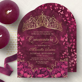 Princess Krona Burgundy Butterflies Quinceanera Inbjudningar