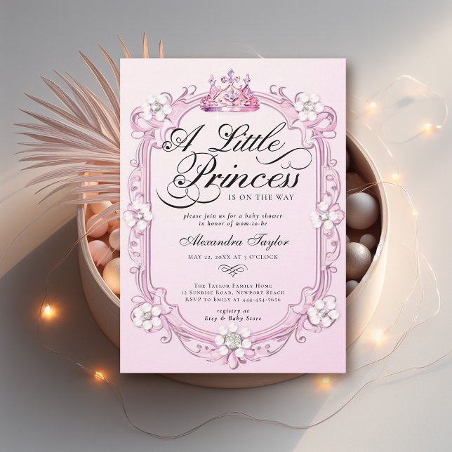 Princess Krona Diamonds Pearls Flicka Shower Inbjudningar (princess girl baby shower invitation crown diamonds pearls pink calligraphy elegant cute chic)