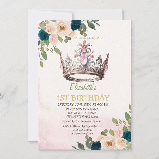 Princess Krona Flowers Dots Birthday Inbjudningar (Framsida)