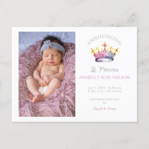 Princess Krona Girl Rosa Photo Birth Announcement Meddelande Vykort