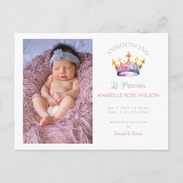Princess Krona Girl Rosa Photo Birth Announcement Meddelande Vykort (Framsida)