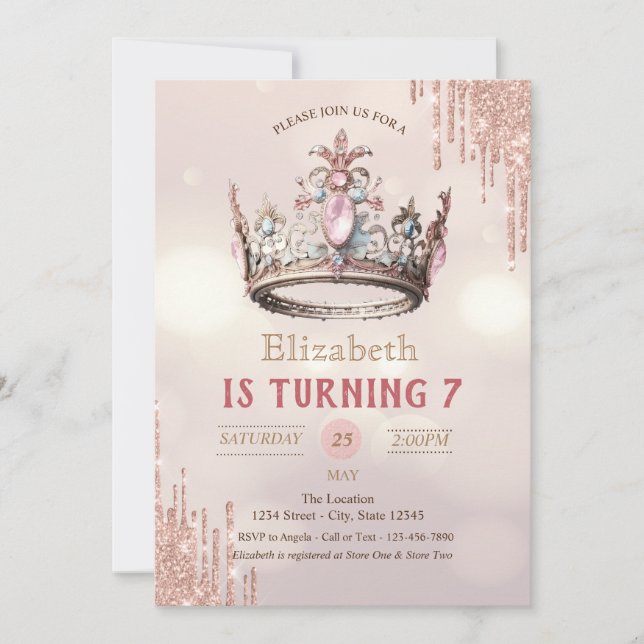 Princess Krona Glitter Drips Bokeh Birthday Inbjudningar (Framsida)