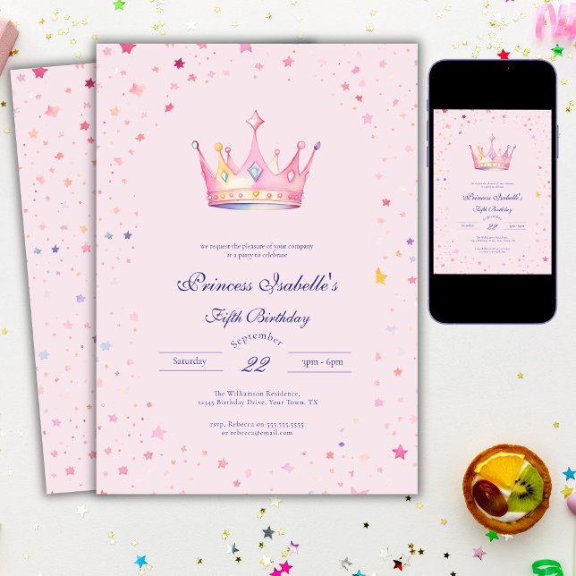 Princess Krona Pastel Rosa Fairytale 5:e födelseda Inbjudningar (Skapare uppladdad)