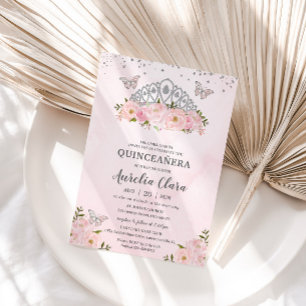 Princess Krona Quinceañera Rosa Blommigt Butterfli Inbjudningar