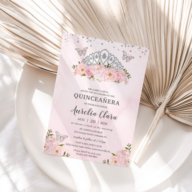 Princess Krona Quinceañera Rosa Blommigt Butterfli Inbjudningar (Skapare uppladdad)