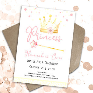 Princess Krona Rosa 1st Girl Birthday Inbjudningar