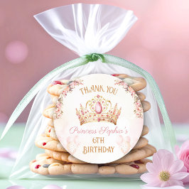 Princess Krona Rosa Blommigt Girl Birthday Favor Runt Klistermärke
