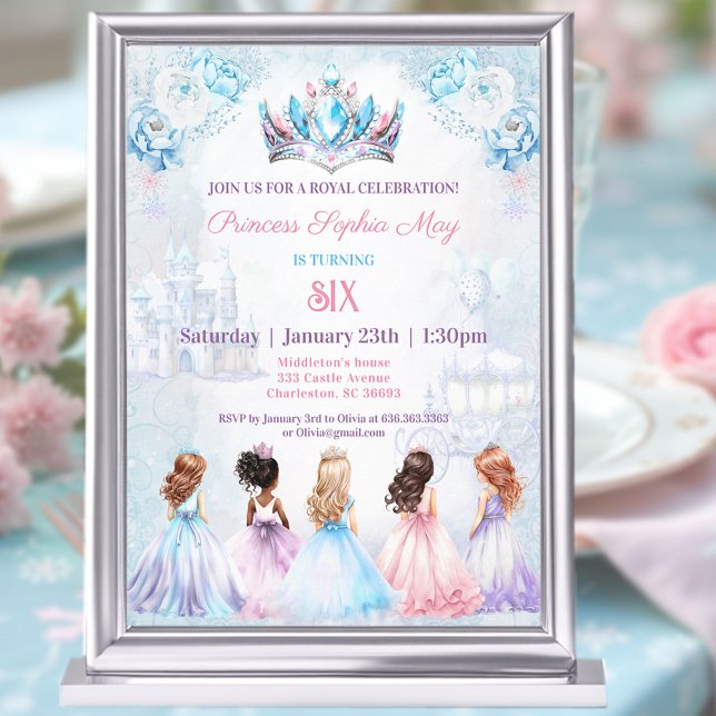 Princess Krona Rosa Blue Lila Winter Birthday Inbjudningar (Princess Crown Pink Blue Purple Winter Birthday Invitation)