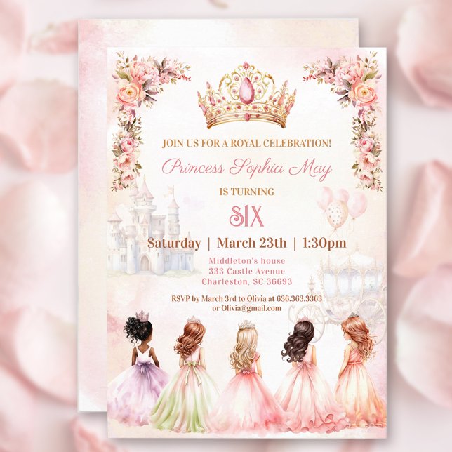 Princess Krona Rosa Guld Blommigt  Girl Birthday Inbjudningar (Princess Crown Pink Gold Floral Girl Birthday Invitation)