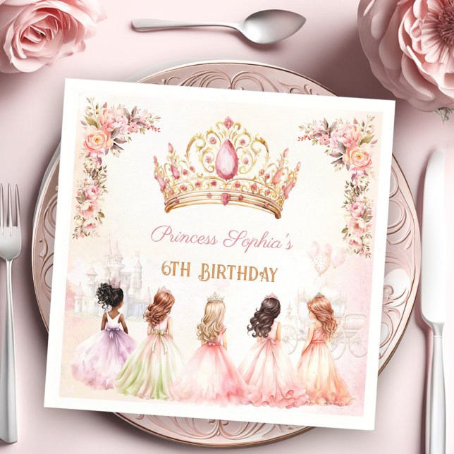 Princess Krona Rosa Guld Blommigt  Girl Birthday Pappersservett (Princess Crown Pink Gold Floral Girl Birthday Napkins)