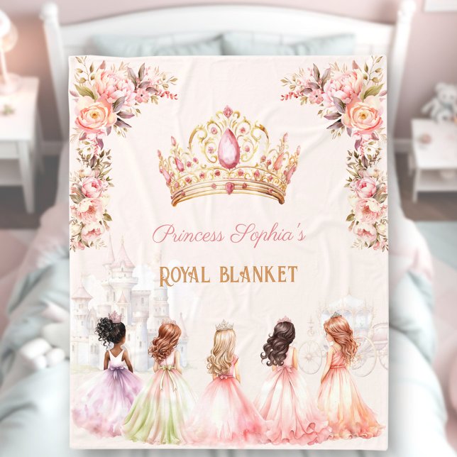 Princess Krona Rosa Guld Blommigt  Girl Namn Fleecefilt (Princess Crown Pink Gold Floral Girl Name Fleece Blanket)