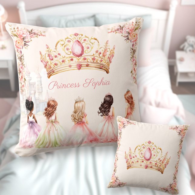 Princess Krona Rosa Guld Blommigt  Girl Namn Kudde (Princess Crown Pink Gold Floral Girl Name Throw Pillow)