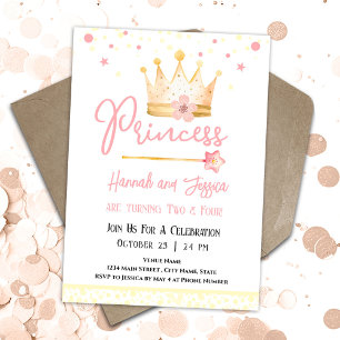 Princess Krona Rosa Little Girls Dubbla Birthday Inbjudningar