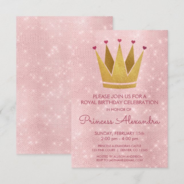 Princess Krona Rosa - Ro Guld födelsedag Inbjudningar (Fram/baksida)