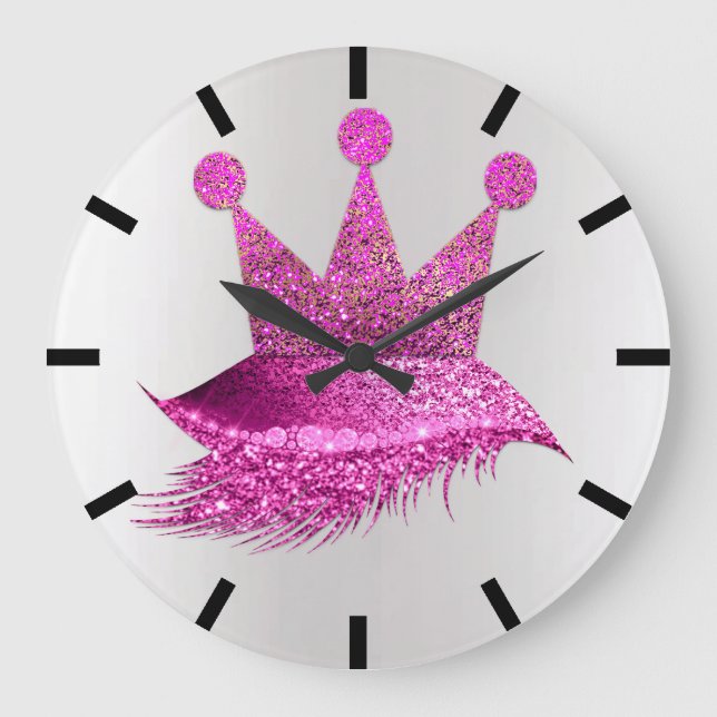 Princess Lash Krona Rosa Grått Black Glitter Stor Klocka (Framsida)