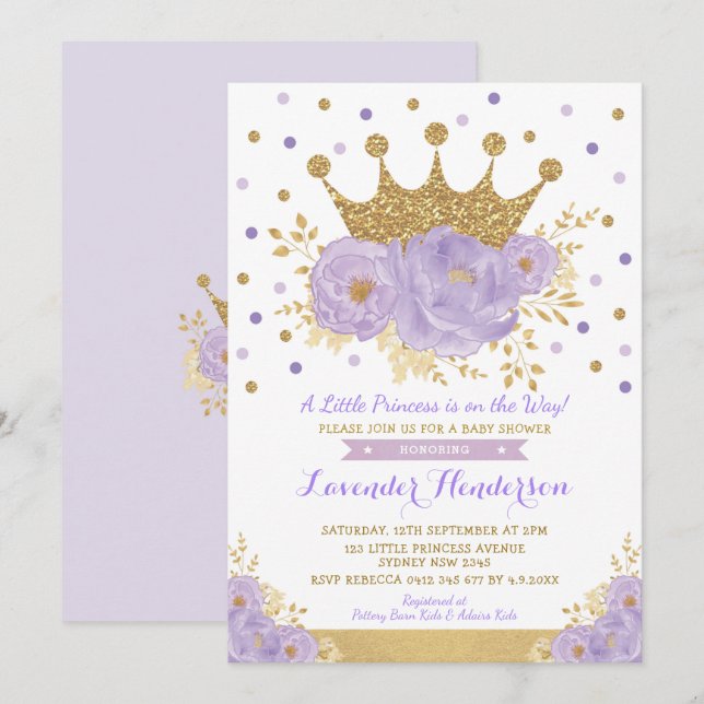 Princess Lavender Guld Blommigt Krona Baby Shower Inbjudningar (Fram/baksida)