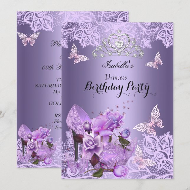 Princess Lila Lilac High Heel Ro Birthday 3 Inbjudningar (Fram/baksida)