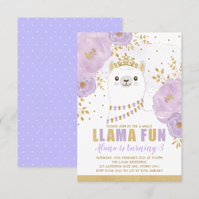 Princess Llama Birthday/Lila Guld Fiesta Party Inbjudningar (Fram/baksida)