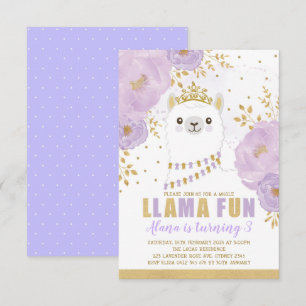 Princess Llama Birthday/Lila Guld Fiesta Party Inbjudningar