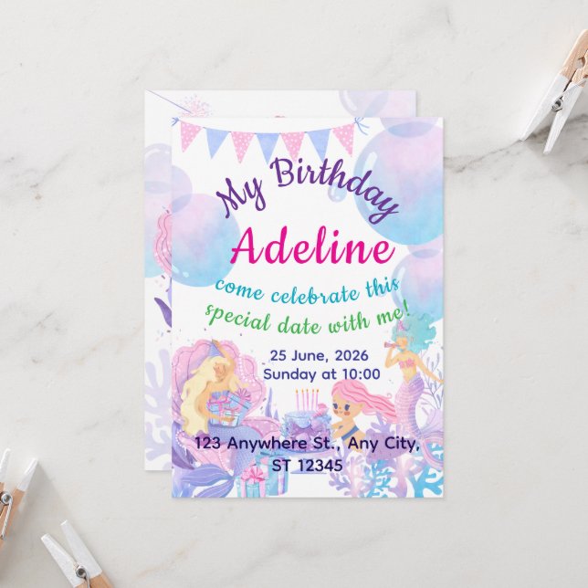 Princess & Mermaid Birthday Invitation Card (Fram/Back In Situ)