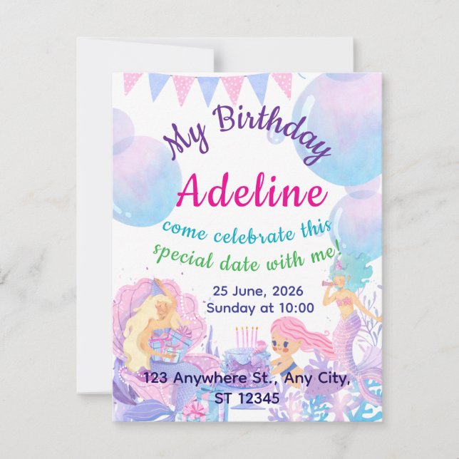 Princess & Mermaid Birthday Invitation Card (Framsida)