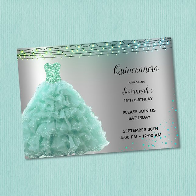 Princess Mint Grönt Gown String Ljus Quinceanera Inbjudningar (Skapare uppladdad)