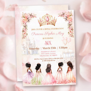Princess Mörk Skin Krona Rosa Blommigt Birthday Inbjudningar
